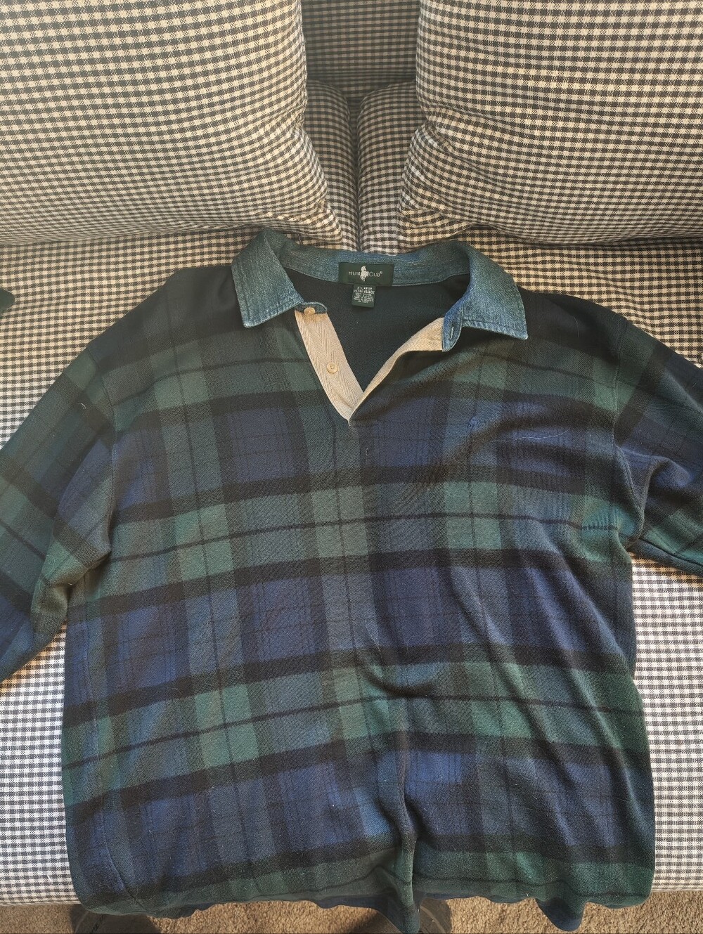 Hunt Club Green & Navy Plaid V-Neck Sweater with Denim Collar